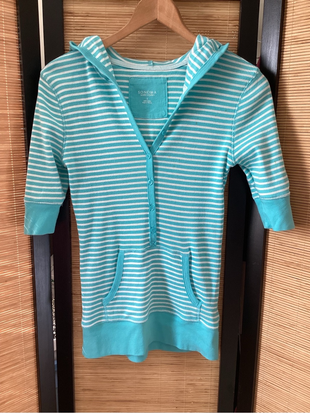 Vintage Y2K striped Henley top with hood and pocket Sz S short sleeve aqua white - Picture 5 of 9